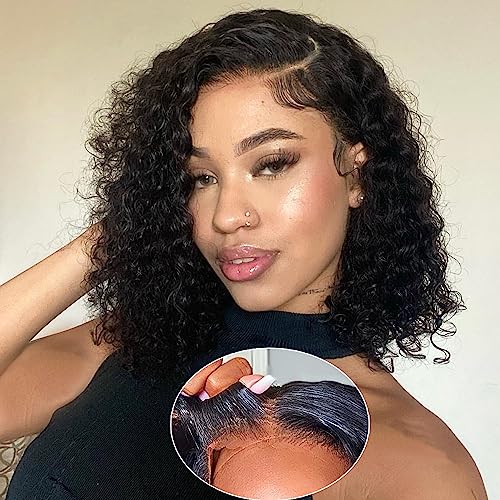 Wear and Go Glueless Wigs Human Hair Pre Plucked Pre Cut for Beginners Deep Wave Lace Front Wigs Human Hair Upgraded No Glue Ready To Wear 4x4 Lace Closure Glueless Wigs for Women 10 Inch