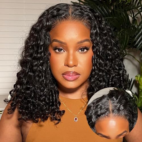 Wear and Go Glueless Wigs Human Hair Pre Plucked Water Wave Short Bob Wig Human Hair Wigs for Women OQ Hair Pre Cut Lace 100% Glueless Human Hair Lace Front Wigs Beginner Friendly 12Inch