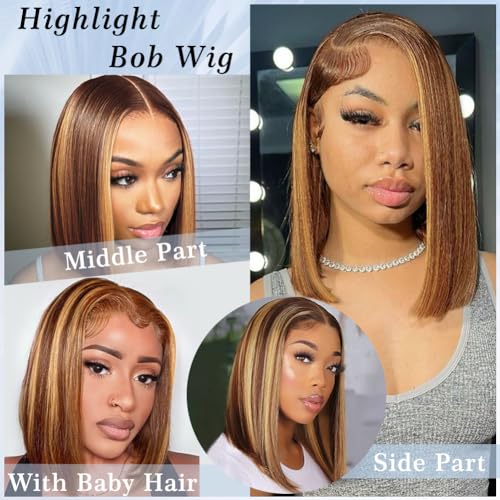 Wear and Go Highlight Glueless Lace Front Wigs Human Hair Pre Plucked Ombre Lace Front Wig Human Hair Pre Cut Honey Blonde 13x4 Lace Frontal Wigs Pre Plucked with Elastic Band for Women 10inch - Image 4