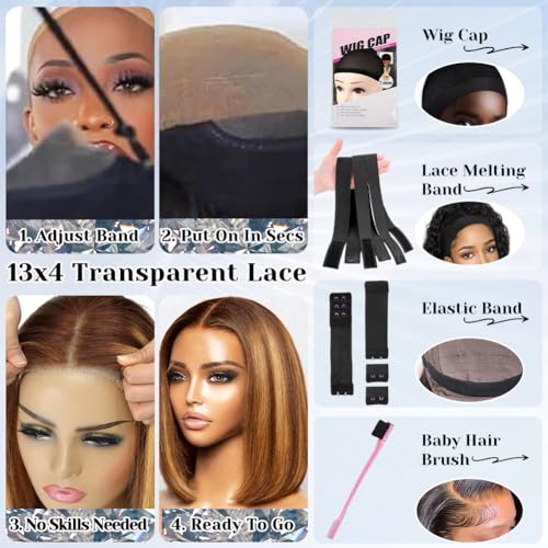 Wear and Go Highlight Glueless Lace Front Wigs Human Hair Pre Plucked Ombre Lace Front Wig Human Hair Pre Cut Honey Blonde 13x4 Lace Frontal Wigs Pre Plucked with Elastic Band for Women 10inch - Image 5