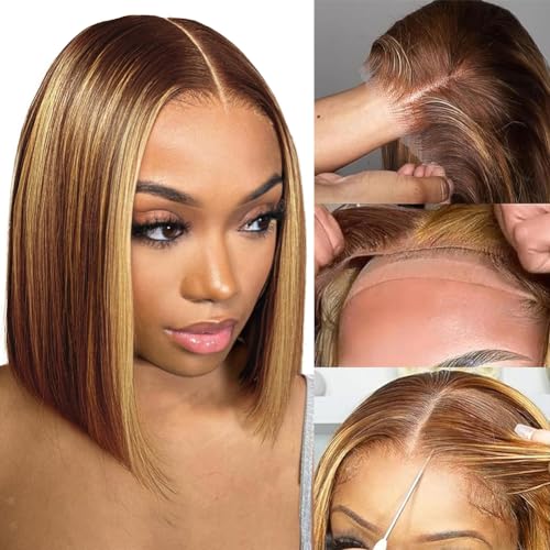 Wear and Go Highlight Glueless Lace Front Wigs Human Hair Pre Plucked Ombre Lace Front Wig Human Hair Pre Cut Honey Blonde 13x4 Lace Frontal Wigs Pre Plucked with Elastic Band for Women 10inch