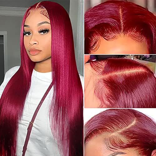Wear & Go 99J Burgundy Lace Front Wigs Human Hair Pre Plucked Hairline Glueless 180% Density 13×4 HD Transparent Wigs for Women Burgundy Straight Human Hair with Baby Hair Wine Red Colored 16 Inch