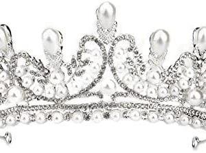 Wedding Tiara for Bride Rhinestone Wedding Crown Silver Pearl Headband Handmade Bridal Hair Accessories for Birthday Party Prom Tiara