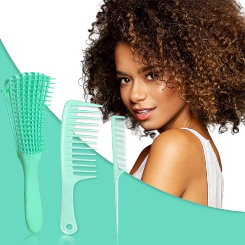Wet Hair Brush Hair Detangler Brush 3Pcs-Hair Brush Hair Brushes For Women Detangling Brush for Curly Hair Wet Curly Wide Tooth Comb with Rat Tail Comb For Women Men Kids(Candy Green 3 Pcs)