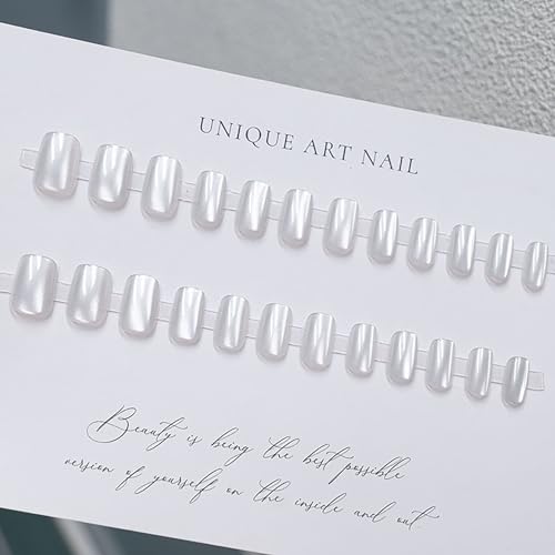 White Cat Eye Press on Nails Short Square Fake Nails Full Cover Shiny Acrylic Nails Gradient False Nails Glitter Press on Nails Stick on Nails Jelly Press on Nails for Women and Girls 24Pcs - Image 4