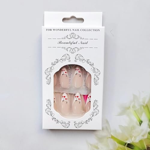 White French Tip Press on Nails Medium Almond - WLGDLH Fake Nails Pink False Nails Press ons Full Cover Nail Tips with Cherry Design Acrylic Nail Kit Stick on Nails for Women 24 Pcs - Image 5