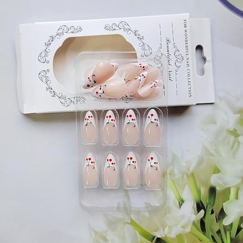 White French Tip Press on Nails Medium Almond - WLGDLH Fake Nails Pink False Nails Press ons Full Cover Nail Tips with Cherry Design Acrylic Nail Kit Stick on Nails for Women 24 Pcs - Image 4