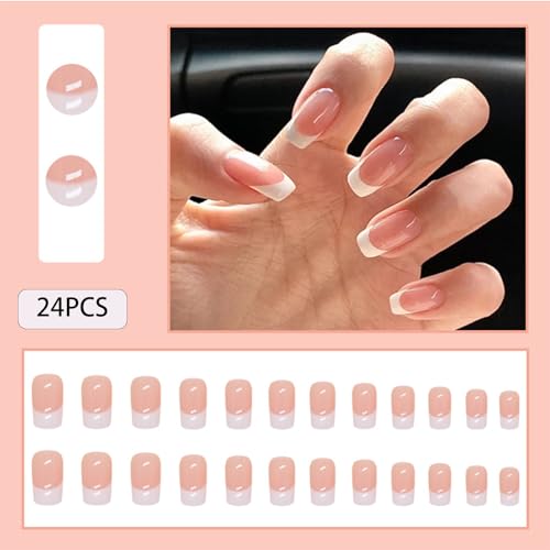 White French Tip Press on Nails Medium Square Fake Nails, Nails Press ons Nude False Nails with Designs Glossy Acrylic Artificial Nails Stick on Nails for Women 24Pcs - Image 2
