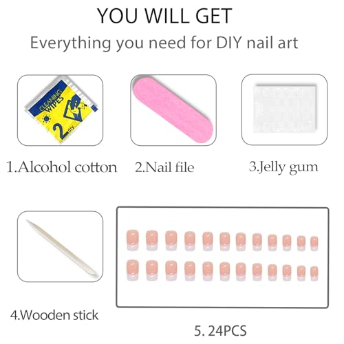 White French Tip Press on Nails Medium Square Fake Nails, Nails Press ons Nude False Nails with Designs Glossy Acrylic Artificial Nails Stick on Nails for Women 24Pcs - Image 5