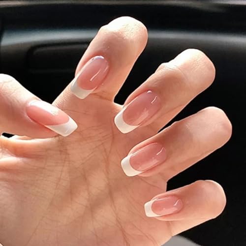 White French Tip Press on Nails Medium Square Fake Nails, Nails Press ons Nude False Nails with Designs Glossy Acrylic Artificial Nails Stick on Nails for Women 24Pcs