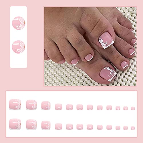 White French Tip Press on Toenails,Short Square Fake Toe Nails Spring Summer Flower False Toe Nails Full Cover Glue on Toenails Glossy Acrylic Toenails Stick on Toenails for Women and Girls 24Pcs - Image 6