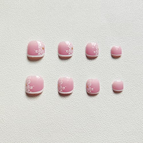 White French Tip Press on Toenails,Short Square Fake Toe Nails Spring Summer Flower False Toe Nails Full Cover Glue on Toenails Glossy Acrylic Toenails Stick on Toenails for Women and Girls 24Pcs - Image 2