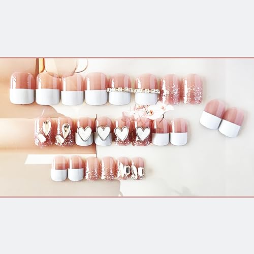 White Press on Nails Short Square Fake Nails French False Nails with LOVE & Rhinestone Design Full Cover Glossy Acrylic Nails Jelly Press on Nails for Women and Girls Fall Winter Manicure 24Pcs - Image 3