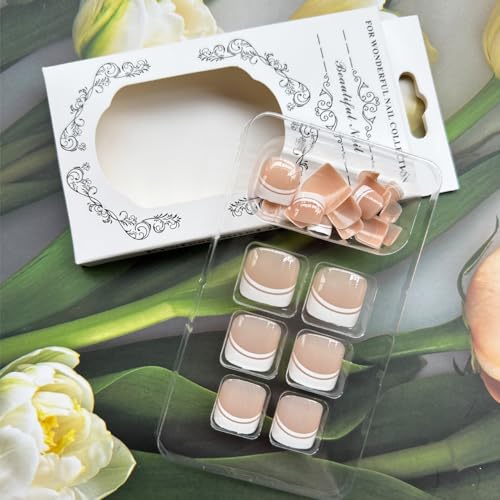 White Press on Toenails Short Square French Tips Fake Toe Nails Glossy Nude Pink Full Cover Acrylic False Toenails with Design Artificial Glue on Toenails for Women and Girls 24Pcs - Image 4