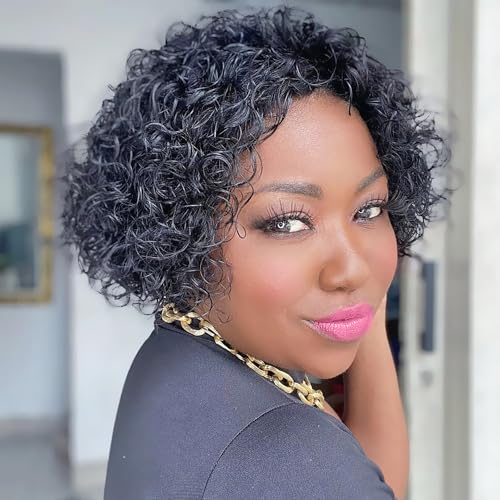 WIGER Short Curly Human Hair Wigs for Black Women Pixie Curly Bob Wig for Women Glueless Side Part Kinky Curly Human Hair Wig None Lace Frontal Deep Curly Hair