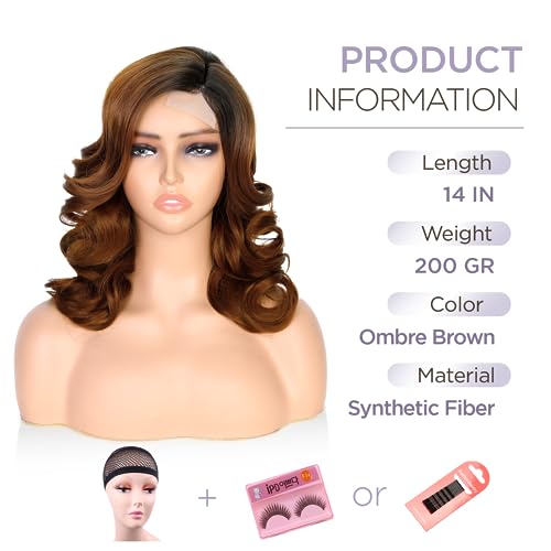 WIGER Short Wavy Wigs for Women Ombre Brown Loose Wave Bob Hair Wig 14 Inch Side Part Shoulder Length Glueless Lace Part Hair Synthetic Curly Wig for Daily or Party (1B/30) - Image 2