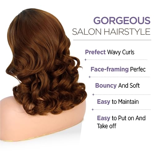 WIGER Short Wavy Wigs for Women Ombre Brown Loose Wave Bob Hair Wig 14 Inch Side Part Shoulder Length Glueless Lace Part Hair Synthetic Curly Wig for Daily or Party (1B/30) - Image 3