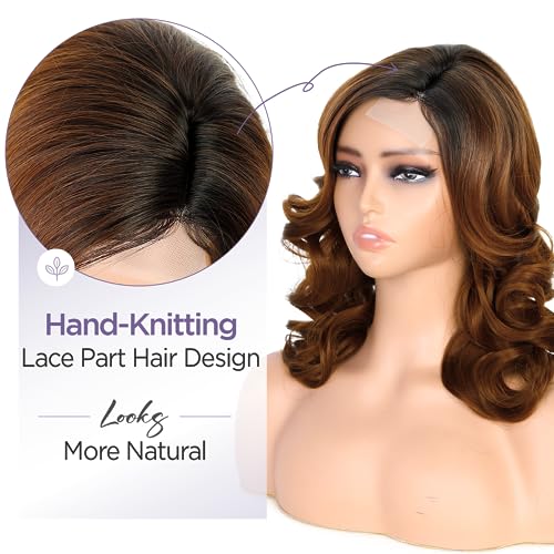 WIGER Short Wavy Wigs for Women Ombre Brown Loose Wave Bob Hair Wig 14 Inch Side Part Shoulder Length Glueless Lace Part Hair Synthetic Curly Wig for Daily or Party (1B/30) - Image 4