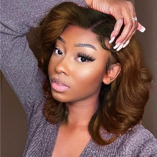 WIGER Short Wavy Wigs for Women Ombre Brown Loose Wave Bob Hair Wig 14 Inch Side Part Shoulder Length Glueless Lace Part Hair Synthetic Curly Wig for Daily or Party (1B/30) - Image 5