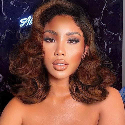 WIGER Short Wavy Wigs for Women Ombre Brown Loose Wave Bob Hair Wig 14 Inch Side Part Shoulder Length Glueless Lace Part Hair Synthetic Curly Wig for Daily or Party (1B/30)