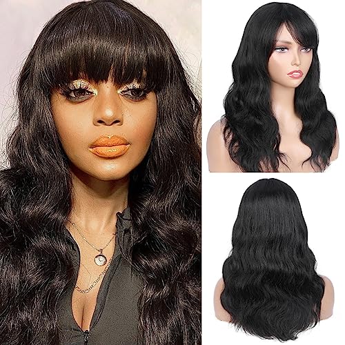 WIGNEE Natural Wavy Human Hair Wigs With Bangs Glueless Wigs Human Hair Lace Front Wigs Human Hair Body Wave Wig With Bangs Wigs For Black Women Human Hair Glueless (16 Inches)