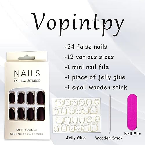 Wine Red Medium Round Press-On Nails Full Cover Reusable Acrylic Artificial Nails for Women - Image 5
