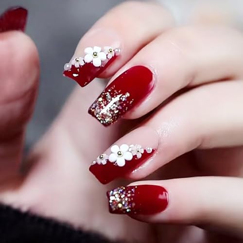 Wine Red Press on Nails Medium Coffin Fake Nails Valentine’s Press on Nails 3D White Flower Designs Glitter Press on Nails Glossy Acrylic Nails Stick on Nails for Women and Girls 24Pcs