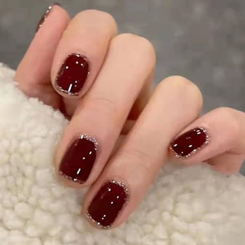 Wine Red Press On Nails Short Squoval Fake Nails Glitter Square Acrylic Nails Press Ons Glossy Glue on Nails Stick On Nails for Women Girls Manicure Gel Nail Kit 24pcs