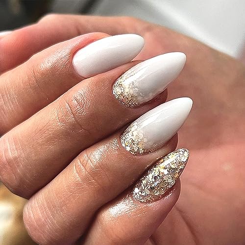 Winter Almond Shaped Press on Nails White Long Fake Nails Oval with Gradient Gold Glitter Designs Glue on Nails Full Cover Acrylic Artificial Nails French Tips Luxury for Women Daily Nail Art 24 PCS