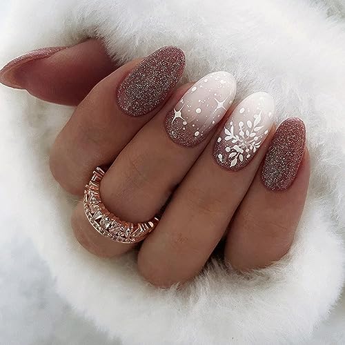 Winter Fake Nails Short Almond Press on Nails Red Glitter Nails for Women Cute Glue on Nails Acrylic with White Snowflake Design,Christmas False Nails Set in 24 PCS