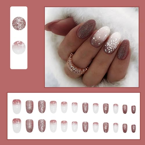 Winter Fake Nails Short Almond Press on Nails Red Glitter Nails for Women Cute Glue on Nails Acrylic with White Snowflake Design,Christmas False Nails Set in 24 PCS - Image 2