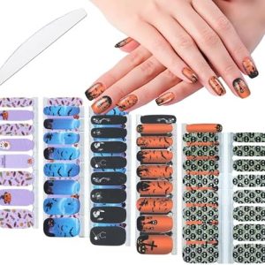 WOKOTO Halloween Nail Polish Stickers Full Wraps 5 Sheets for Short Nails with File