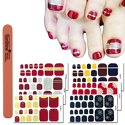 WOKOTO 6 Sheets Toenail Polish Strips Stickers For Women And 1Pc Nail Files Set Red Solid And Strip Color Flower Design Toe Nail Decals Stickers Kit