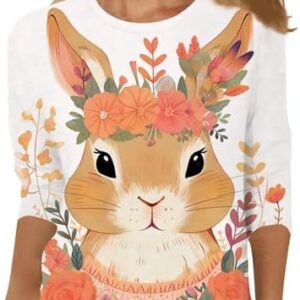 Women Easter T-Shirt 3/4 Sleeve Blouse Tops Cute Bunny Ears Gnomes Print Graphic Tee Crewneck Loose Fit Casual Shirt