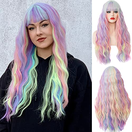 Women's Multi Color Rainbow Wig 27 Inches Long Curly Wavy Hair Wig Heat Resistant Fibers Synthetic Wig For Women Girl Cosplay Party Halloween Wig Cap Included (Multi Color Rainbow)