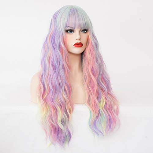 Women's Multi Color Rainbow Wig 27 Inches Long Curly Wavy Hair Wig Heat Resistant Fibers Synthetic Wig For Women Girl Cosplay Party Halloween Wig Cap Included (Multi Color Rainbow) - Image 2