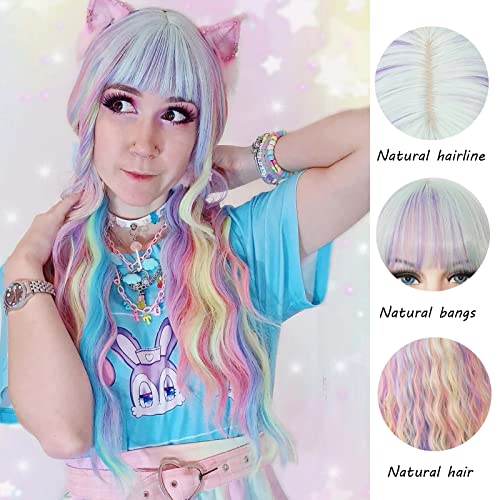 Women's Multi Color Rainbow Wig 27 Inches Long Curly Wavy Hair Wig Heat Resistant Fibers Synthetic Wig For Women Girl Cosplay Party Halloween Wig Cap Included (Multi Color Rainbow) - Image 5