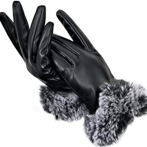 Womens PU Leather Gloves for Cold Weather, Winter Warm Gloves with Fleece Lining, Touchscreen Rabbit Fur Cuff Party Gloves