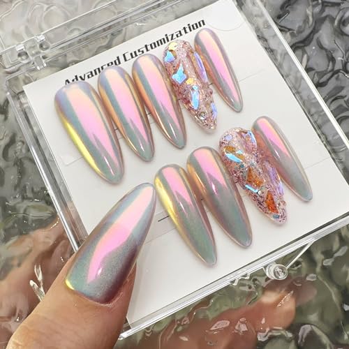 WOMHOPE 10 Piece Medium Aurora Pink Rhinestone Acrylic Nail Set for Stylish Manicures