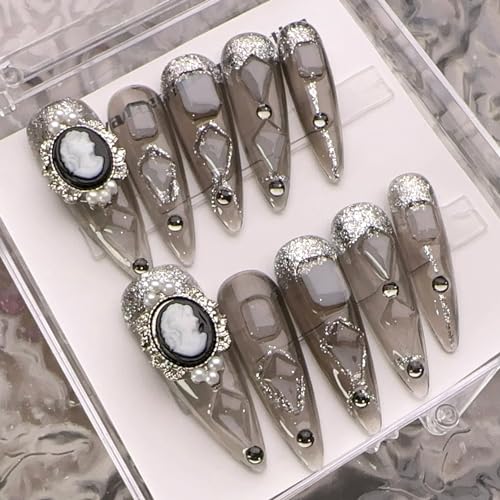 WOMHOPE Press on Nails Handmade Full Cover False Nails with Rhinestone Vintage Black Acrylic Nails for Women and Girls 10pcs/Box Long Almond,Coffin (Medium, Vintage transparent black) - Image 2
