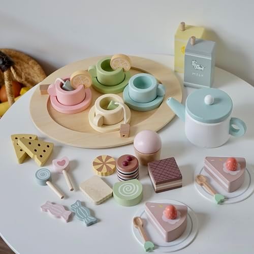 Wooden Tea Party Set for Little Girls, 30 PCS Wooden Tea Set for Toddlers 1-3, Pretend Play Kids Wood Tea Set Toy, Play Kitchen Accessories with Play Food, Improve Imagination