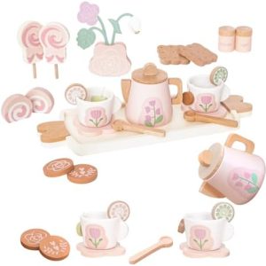 Wooden Tea Set for Little Girls, 26 PCS Play Kitchen Accessories for Toddlers Princess Tea Party with Play Food, Pretend Play Tea Set Toy for Kids 1 2 3, Improve Imagination and Social Skills