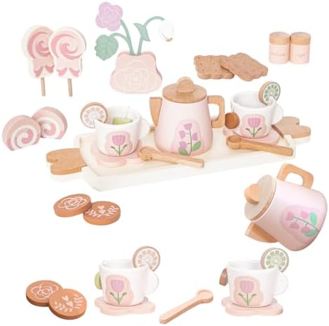 Wooden Tea Set for Little Girls, 26 PCS Play Kitchen Accessories for Toddlers Princess Tea Party with Play Food, Pretend Play Tea Set Toy for Kids 1 2 3, Improve Imagination and Social Skills