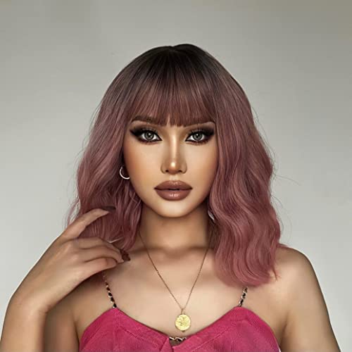 Purple Pink Ombre Shoulder Length Wavy Synthetic Heat Resistant Wig with Bangs - One Size - Image 2