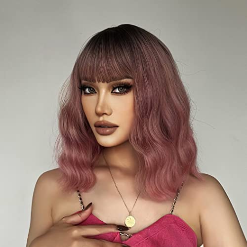 Purple Pink Ombre Shoulder Length Wavy Synthetic Heat Resistant Wig with Bangs - One Size
