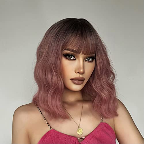 Purple Pink Ombre Shoulder Length Wavy Synthetic Heat Resistant Wig with Bangs - One Size - Image 3