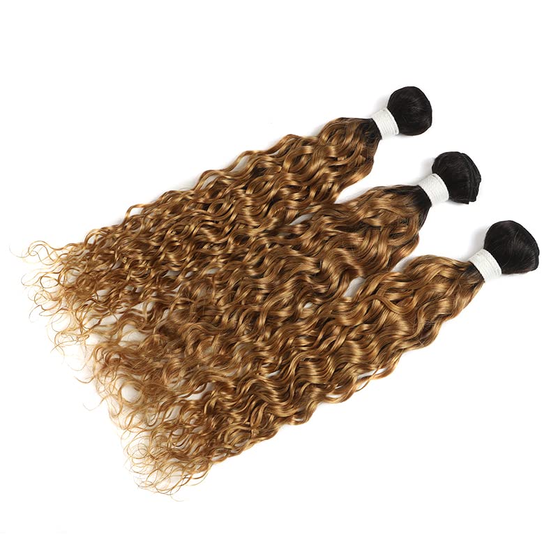 X-TRESS 3 Bundles(10+12+14) Ombre Curly Blonde Human Hair Bundles Honey Blonde and Black Bundles Brazilian Remy Virgin 100% Human Hair Weave Color #1b27 Water Wave Bundles (10 12 14) - Image 7