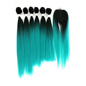 X-TRESS Synthetic Hair Bundles with Closure Ombre Teal Blue Yaki Straight Weft Weave Swiss Lace Hair Extension Heat Resistant for Women Sew In