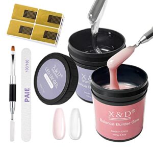 X&D Gel Nail Polish Kit UV Polygel 2 Bottles Quick Dry 100g Natural Clear Color Nail Extension with Nail Forms, Nail File, Acrylic Nail Sable Brush (Transparent & Nude Pink)