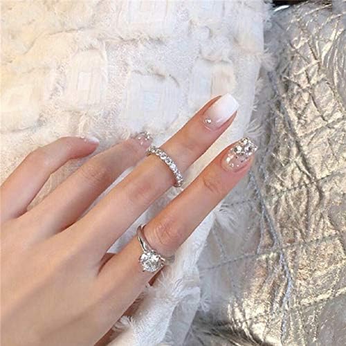 Xerling 24Pcs Bling Silver Glitter French Press on False Nails Rhinestones Jewelry Fake Nail Full Cover for Women and Girls Transparent Finger Wear Tips